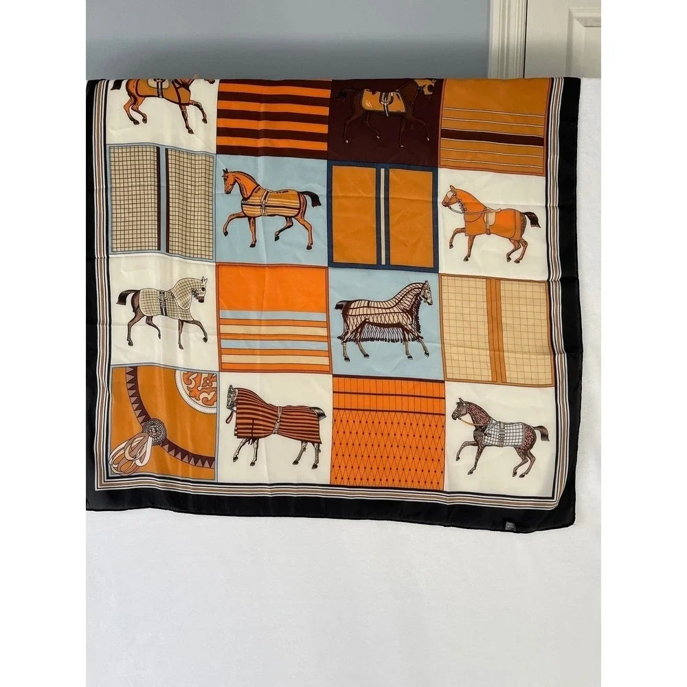 Women Equestrian Horse Patchwork Square Scarf Orange Brown Blue Satin Scarf NWT